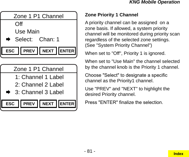 - 81 -KNG Mobile OperationChannel 16Secure One155.645 MHzZPPH✓P1TXDØESC PREV NEXT ENTERZone 1 P1 Channel  Off   Use Main   Select:    Chan: 1    Channel 16Secure One155.645 MHzZPPH✓P1TXDØESC PREV NEXT ENTERZone 1 P1 Channel  1: Channel 1 Label   2: Channel 2 Label   3: Channel 3 LabelZone Priority 1 ChannelA priority channel can be assigned  on a zone basis. If allowed, a system priority channel will be monitored during priority scan regardless of the selected zone settings. (See &quot;System Priority Channel&quot;)When set to &quot;Off&quot;, Priority 1 is ignored.When set to &quot;Use Main&quot; the channel selected by the channel knob is the Priority 1 channel.Choose &quot;Select&quot; to designate a specic channel as the Priority1 channel.Use &quot;PREV&quot; and &quot;NEXT&quot; to highlight the desired Priority channel. Press &quot;ENTER&quot; nalize the selection.Index