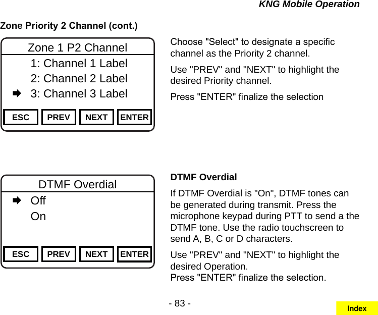 - 83 -KNG Mobile OperationZone Priority 2 Channel (cont.)Channel 16Secure One155.645 MHzZPPH✓P1TXDØESC PREV NEXT ENTERZone 1 P2 Channel  1: Channel 1 Label   2: Channel 2 Label   3: Channel 3 LabelChoose &quot;Select&quot; to designate a specic channel as the Priority 2 channel.Use &quot;PREV&quot; and &quot;NEXT&quot; to highlight the desired Priority channel. Press &quot;ENTER&quot; nalize the selectionChannel 16Secure One155.645 MHzZPPH✓P1TXDØESC PREV NEXT ENTERDTMF Overdial   Off   OnDTMF OverdialIf DTMF Overdial is &quot;On&quot;, DTMF tones can be generated during transmit. Press the microphone keypad during PTT to send a the DTMF tone. Use the radio touchscreen to send A, B, C or D characters. Use &quot;PREV&quot; and &quot;NEXT&quot; to highlight the desired Operation.  Press &quot;ENTER&quot; nalize the selection.Index