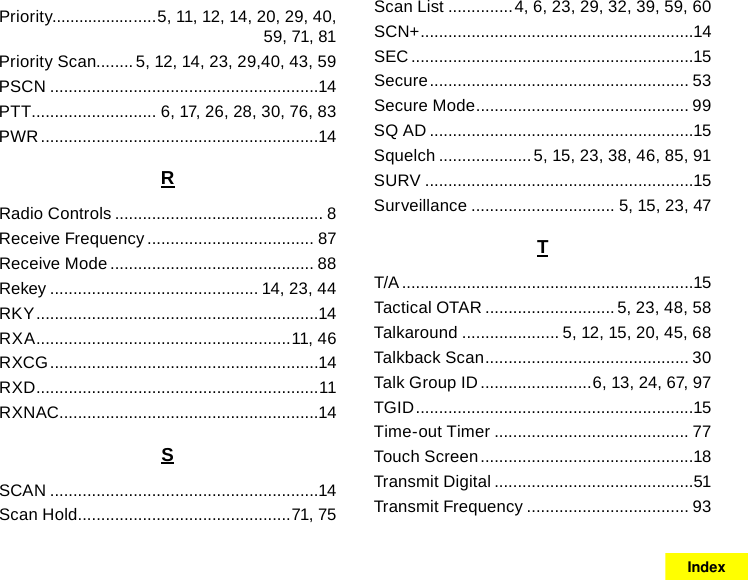 Priority.................. .....5, 11, 12, 14, 20, 29, 40, 59, 71, 81Priority Scan........ 5, 12, 14, 23, 29,40, 43, 59PSCN ..........................................................14PTT........................... 6, 17, 26, 28, 30, 76, 83PWR ............................................................14RRadio Controls ............................................. 8Receive Frequency .................................... 87Receive Mode ............................................ 88Rekey ............................................. 14, 23, 44RKY .............................................................14RXA .......................................................11, 46RXCG ..........................................................14RXD .............................................................11RXNAC ........................................................14SSCAN ..........................................................14Scan Hold ..............................................71, 75Scan List ..............4, 6, 23, 29, 32, 39, 59, 60SCN+ ...........................................................14SEC .............................................................15Secure ........................................................ 53Secure Mode .............................................. 99SQ AD .........................................................15Squelch ....................5, 15, 23, 38, 46, 85, 91SURV ..........................................................15Surveillance ............................... 5, 15, 23, 47TT/A ...............................................................15Tactical OTAR ............................ 5, 23, 48, 58Talkaround ..................... 5, 12, 15, 20, 45, 68Talkback Scan ............................................ 30Talk Group ID ........................6, 13, 24, 67, 97TGID ............................................................15Time-out Timer .......................................... 77Touch Screen ..............................................18Transmit Digital ...........................................51Transmit Frequency ................................... 93Index