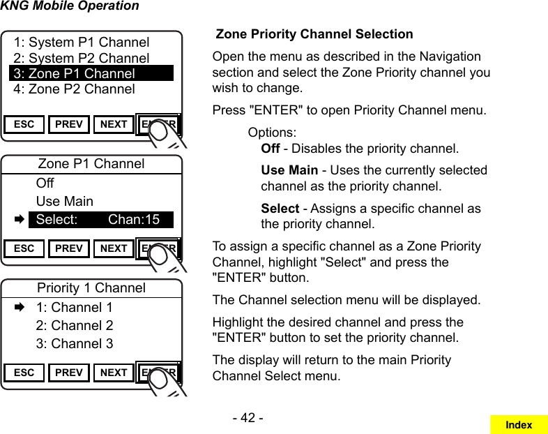 - 42 -KNG Mobile OperationChannel 16Secure One155.645 MHzZPPH✓P1TXDØESC PREV NEXT ENTER1: System P1 Channel2: System P2 Channel3: Zone P1 Channel4: Zone P2 ChannelChannel 16Secure One155.645 MHzZPPH✓P1TXDØESC PREV NEXT ENTERZone P1 Channel  Off  Use Main   Select:        Chan:15Channel 16Secure One155.645 MHzZPPH✓P1TXDØESC PREV NEXT ENTERPriority 1 Channel   1: Channel 1  2: Channel 2  3: Channel 3 Zone Priority Channel SelectionOpen the menu as described in the Navigation section and select the Zone Priority channel you wish to change.Press &quot;ENTER&quot; to open Priority Channel menu.Options:Off - Disables the priority channel.Use Main - Uses the currently selected channel as the priority channel.Select - Assigns a specic channel as the priority channel.To assign a specic channel as a Zone Priority Channel, highlight &quot;Select&quot; and press the &quot;ENTER&quot; button.The Channel selection menu will be displayed.Highlight the desired channel and press the &quot;ENTER&quot; button to set the priority channel.The display will return to the main Priority Channel Select menu.Index