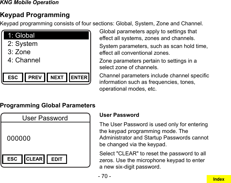 - 70 -KNG Mobile OperationKeypad ProgrammingKeypad programming consists of four sections: Global, System, Zone and Channel.Channel 16Secure One155.645 MHzZPPH✓P1TXDØESC PREV NEXT ENTER1: Global2: System3: Zone4: ChannelGlobal parameters apply to settings that effect all systems, zones and channels.System parameters, such as scan hold time, effect all conventional zones.Zone parameters pertain to settings in a select zone of channels.Channel parameters include channel specic information such as frequencies, tones, operational modes, etc.Programming Global Parameters Channel 16Secure One155.645 MHzZPPH✓P1TXDØESC CLEAR EDIT 000000 User PasswordUser PasswordThe User Password is used only for entering the keypad programming mode. The Administrator and Startup Passwords cannot be changed via the keypad.Select &quot;CLEAR&quot; to reset the password to all zeros. Use the microphone keypad to enter a new six-digit password.Index