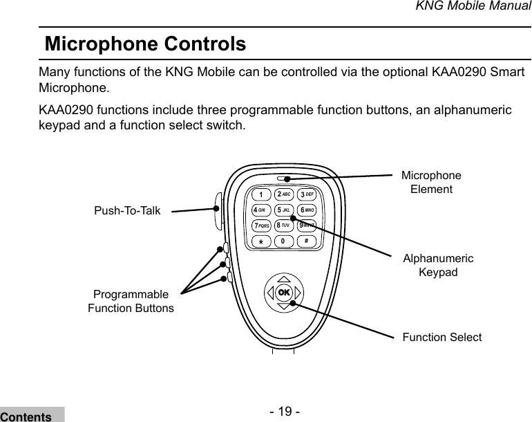 - 19 -KNG Mobile ManualMicrophone ControlsMany functions of the KNG Mobile can be controlled via the optional KAA0290 Smart Microphone. KAA0290 functions include three programmable function buttons, an alphanumeric keypad and a function select switch.OKABC DEFGHI JKL MNO  PQRS TUV WXYZ*# 1 234 7 89560Function SelectAlphanumeric KeypadPush-To-TalkProgrammable Function ButtonsMicrophoneElementContents