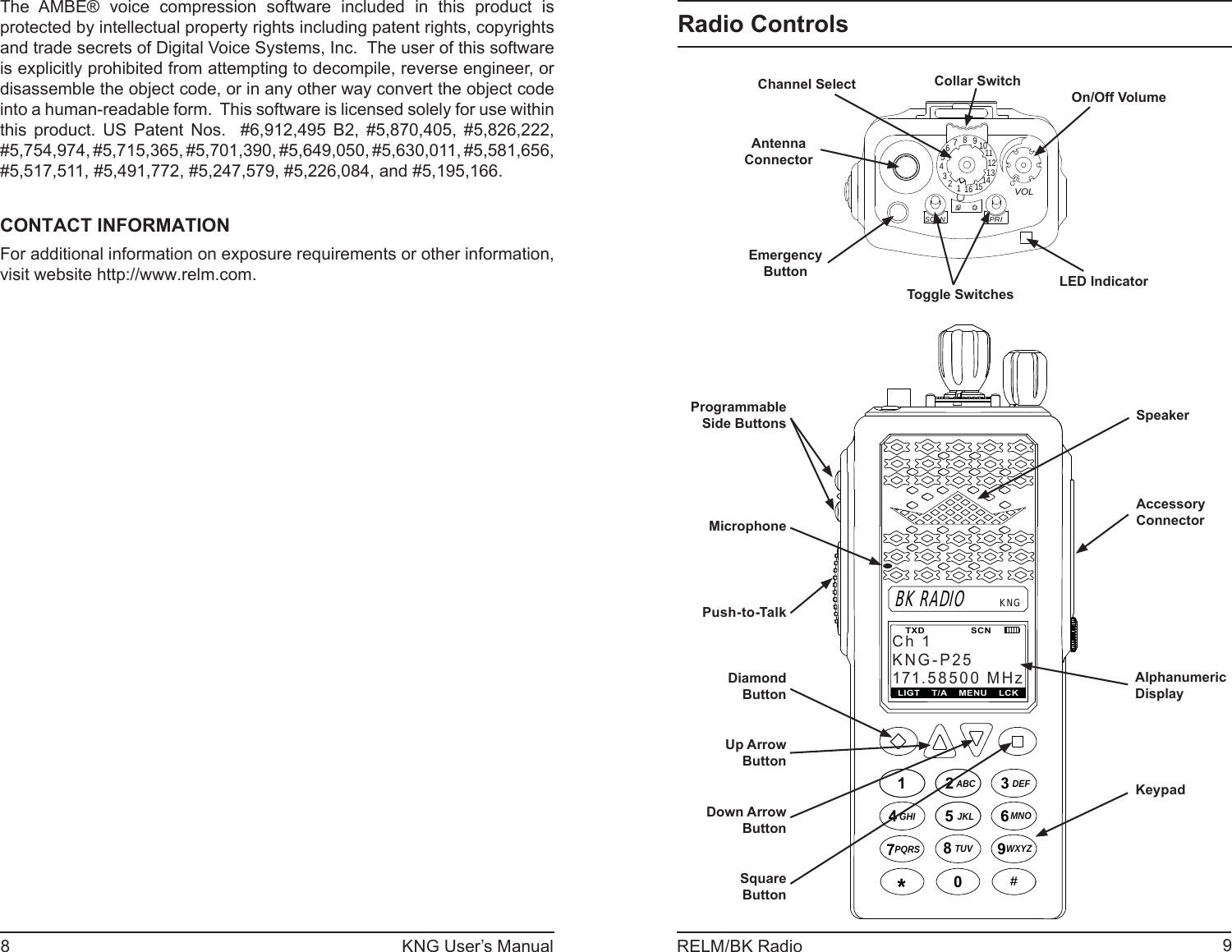 8KNG User’s Manual 9RELM/BK RadioKNGABC DEFGHI JKL MNOPQRS TUV WXYZ*#1234789560BK RADIO15123456789111012131416SCANPRIVOLOn/Off VolumeChannel Select Collar SwitchAntenna ConnectorEmergency ButtonToggle SwitchesLED IndicatorCh 1KNG-P25171.58500 MHzLIGT    T/A    MENU    LCKTXD                SCNProgrammable Side ButtonsPush-to-TalkSpeakerAccessory ConnectorAlphanumeric DisplayMicrophoneDiamond ButtonUp Arrow ButtonDown ArrowButtonSquareButtonKeypadRadio ControlsThe AMBE® voice compression software included in this product is protected by intellectual property rights including patent rights, copyrights and trade secrets of Digital Voice Systems, Inc.  The user of this software is explicitly prohibited from attempting to decompile, reverse engineer, or disassemble the object code, or in any other way convert the object code into a human-readable form.  This software is licensed solely for use within this product. US Patent Nos.  #6,912,495 B2, #5,870,405, #5,826,222, #5,754,974, #5,715,365, #5,701,390, #5,649,050, #5,630,011, #5,581,656, #5,517,511, #5,491,772, #5,247,579, #5,226,084, and #5,195,166.CONTACT INFORMATIONFor additional information on exposure requirements or other information, visit website http://www.relm.com.