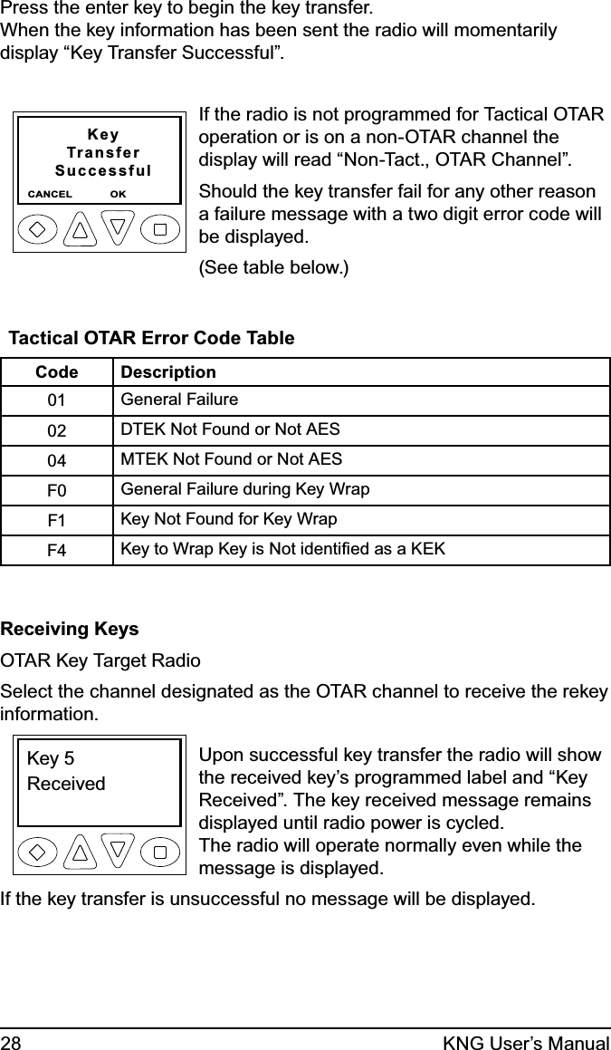 28 KNG User’s ManualPress the enter key to begin the key transfer. When the key information has been sent the radio will momentarily display “Key Transfer Successful”.KeyTransferSuccessful CANCEL              OK                  If the radio is not programmed for Tactical OTAR operation or is on a non-OTAR channel the display will read “Non-Tact., OTAR Channel”.Should the key transfer fail for any other reason a failure message with a two digit error code will be displayed.(See table below.)Tactical OTAR Error Code TableCode Description01 General Failure02 DTEK Not Found or Not AES04 MTEK Not Found or Not AESF0 General Failure during Key WrapF1 Key Not Found for Key WrapF4 Key to Wrap Key is Not identiﬁed as a KEKReceiving KeysOTAR Key Target Radio Select the channel designated as the OTAR channel to receive the rekey information.Key 5Received Upon successful key transfer the radio will show the received key’s programmed label and “Key Received”. The key received message remains displayed until radio power is cycled.  The radio will operate normally even while the message is displayed.If the key transfer is unsuccessful no message will be displayed.