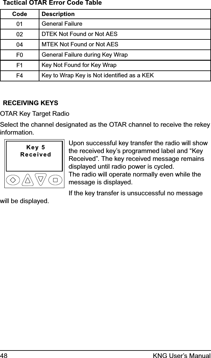 48 KNG User’s ManualTactical OTAR Error Code TableCode Description01 General Failure02 DTEK Not Found or Not AES04 MTEK Not Found or Not AESF0 General Failure during Key WrapF1 Key Not Found for Key WrapF4 Key to Wrap Key is Not identiﬁed as a KEKRECEIVING KEYSOTAR Key Target Radio Select the channel designated as the OTAR channel to receive the rekey information.Key 5Received Upon successful key transfer the radio will show the received key’s programmed label and “Key Received”. The key received message remains displayed until radio power is cycled.  The radio will operate normally even while the message is displayed.If the key transfer is unsuccessful no message will be displayed.