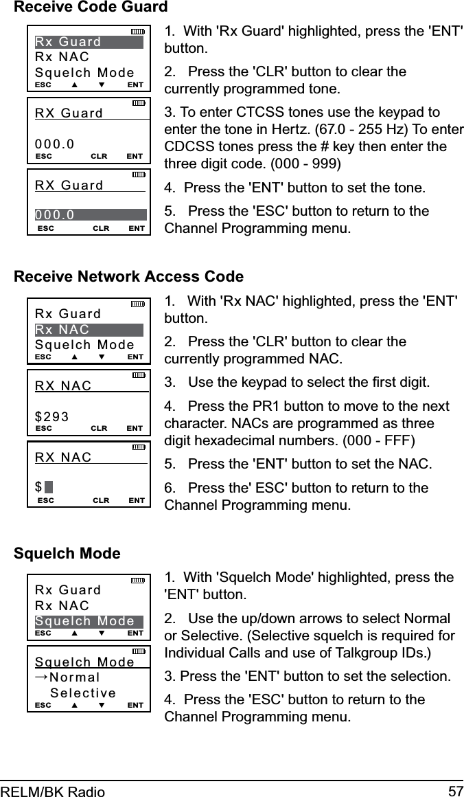 57RELM/BK RadioReceive Code GuardRX Guard           000.0ESC                CLR        ENTRx GuardRx NACSquelch ModeESC        ▲        ▼         ENTESC                CLR        ENTRX Guard           000.01.  With &apos;Rx Guard&apos; highlighted, press the &apos;ENT&apos; button.2.   Press the &apos;CLR&apos; button to clear the currently programmed tone.3. To enter CTCSS tones use the keypad to enter the tone in Hertz. (67.0 - 255 Hz) To enter CDCSS tones press the # key then enter the three digit code. (000 - 999)4.  Press the &apos;ENT&apos; button to set the tone.5.   Press the &apos;ESC&apos; button to return to the Channel Programming menu.Receive Network Access CodeRX NAC             $293ESC                CLR        ENTRx GuardRx NACSquelch ModeESC        ▲        ▼         ENTESC                CLR        ENTRX NAC              $1.   With &apos;Rx NAC&apos; highlighted, press the &apos;ENT&apos; button.2.   Press the &apos;CLR&apos; button to clear the currently programmed NAC.3.   Use the keypad to select the ﬁrst digit.4.   Press the PR1 button to move to the next character. NACs are programmed as three digit hexadecimal numbers. (000 - FFF)5.   Press the &apos;ENT&apos; button to set the NAC.6.   Press the&apos; ESC&apos; button to return to the Channel Programming menu.Squelch ModeSquelch Mode    →Normal   SelectiveESC        ▲        ▼         ENTRx GuardRx NACSquelch ModeESC        ▲        ▼         ENT1.  With &apos;Squelch Mode&apos; highlighted, press the &apos;ENT&apos; button.2.   Use the up/down arrows to select Normal or Selective. (Selective squelch is required for Individual Calls and use of Talkgroup IDs.)3. Press the &apos;ENT&apos; button to set the selection.4.  Press the &apos;ESC&apos; button to return to the Channel Programming menu.