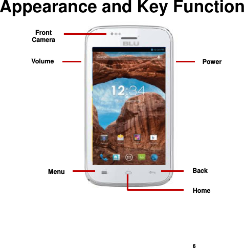    6  Appearance and Key Function                                                                Volume Power Back Home Menu Front Camera 