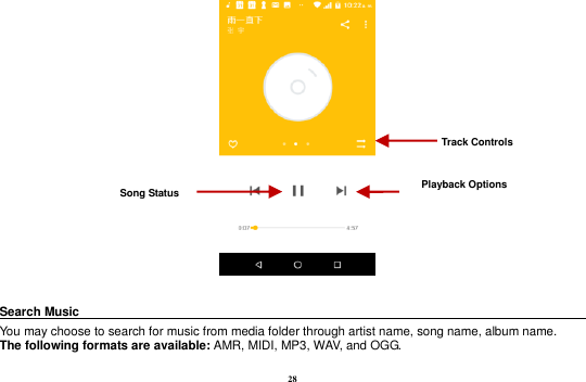 28     Search Music                                                                                                     You may choose to search for music from media folder through artist name, song name, album name.     The following formats are available: AMR, MIDI, MP3, WAV, and OGG. Song Status Track Controls Playback Options    
