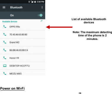  28    Power on Wi-Fi                                                                                 List of available Bluetooth devices Note: The maximum detecting time of the phone is 2 minutes. 