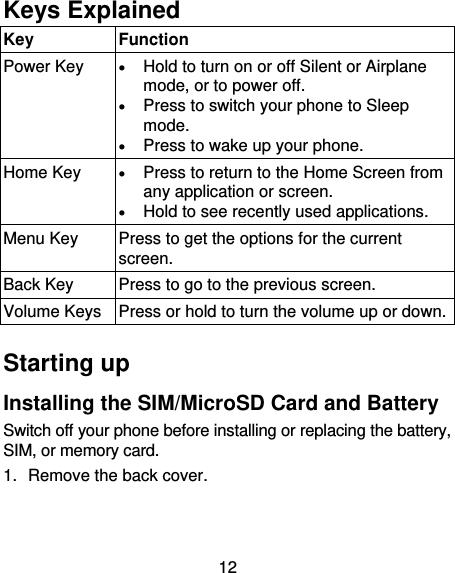 12 Keys Explained   Key Function Power Key  Hold to turn on or off Silent or Airplane mode, or to power off.  Press to switch your phone to Sleep mode.  Press to wake up your phone. Home Key  Press to return to the Home Screen from any application or screen.  Hold to see recently used applications. Menu Key Press to get the options for the current screen. Back Key Press to go to the previous screen. Volume Keys Press or hold to turn the volume up or down.  Starting up Installing the SIM/MicroSD Card and Battery Switch off your phone before installing or replacing the battery, SIM, or memory card.   1.  Remove the back cover. 