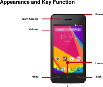 7 Appearance and Key Function    Volume Power Back Home Menu Front Camera 