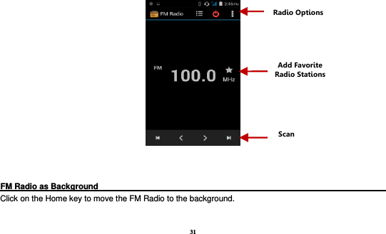 31     FM Radio as Background                                                                            Click on the Home key to move the FM Radio to the background.  Radio Options Add Favorite Radio Stations Scan 