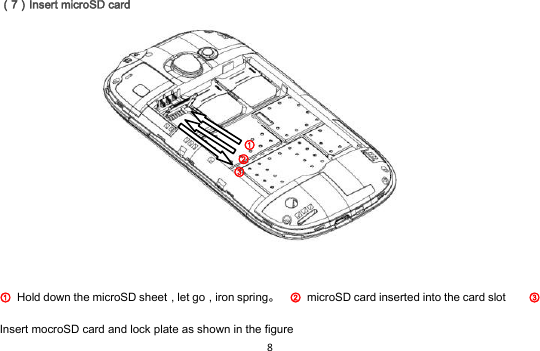 8  󰃥7󰃦Insert microSD card                    Hold down the microSD sheet，let go，iron spring   microSD card inserted into the card slot     Insert mocroSD card and lock plate as shown in the figure                         