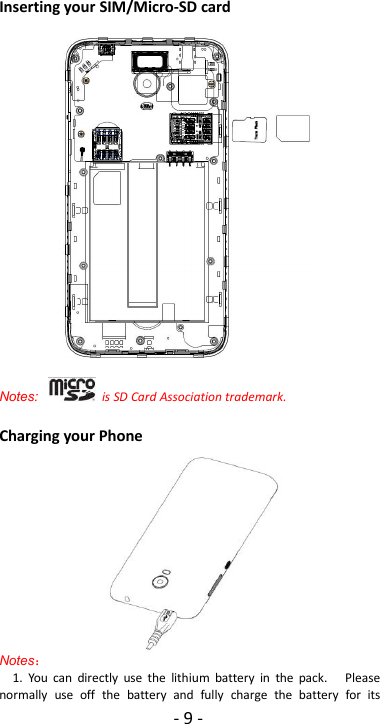 -9-Inserting your SIM/Micro-SD cardNotes: is SD Card Association trademark.Charging your PhoneNotes：1. You can directly use the lithium battery in the pack. Pleasenormally use off the battery and fully charge the battery for its