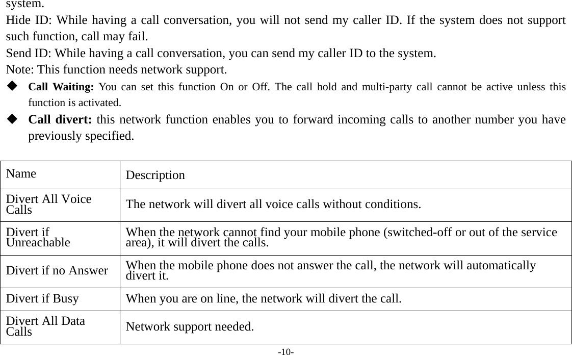  -10- system. Hide ID: While having a call conversation, you will not send my caller ID. If the system does not support such function, call may fail.   Send ID: While having a call conversation, you can send my caller ID to the system.     Note: This function needs network support.    Call Waiting: You can set this function On or Off. The call hold and multi-party call cannot be active unless this function is activated.    Call divert: this network function enables you to forward incoming calls to another number you have previously specified.  Name   Description  Divert All Voice Calls   The network will divert all voice calls without conditions.   Divert if Unreachable  When the network cannot find your mobile phone (switched-off or out of the service area), it will divert the calls.   Divert if no Answer    When the mobile phone does not answer the call, the network will automatically divert it.   Divert if Busy    When you are on line, the network will divert the call.   Divert All Data Calls  Network support needed.   