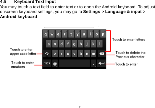  11  4.5   Keyboard Text Input You may touch a text field to enter text or to open the Android keyboard. To adjust onscreen keyboard settings, you may go to Settings &gt; Language &amp; input &gt; Android keyboard                 
