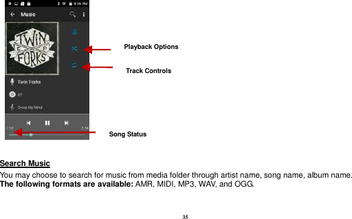  35    Search Music                                                                                                     You may choose to search for music from media folder through artist name, song name, album name.     The following formats are available: AMR, MIDI, MP3, WAV, and OGG. Song Status Track Controls Playback Options    