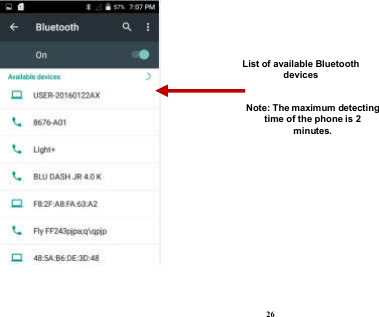  26    List of available Bluetooth devices Note: The maximum detecting time of the phone is 2 minutes. 