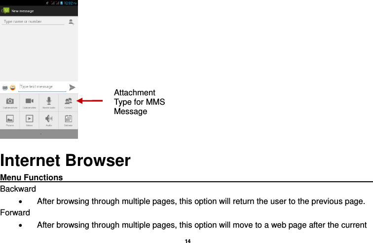   14   Internet Browser Menu Functions                                                                                   Backward   After browsing through multiple pages, this option will return the user to the previous page. Forward   After browsing through multiple pages, this option will move to a web page after the current Attachment Type for MMS Message 