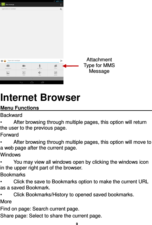    9   Internet Browser Menu Functions                                                                                                                                                                                                       Backward •  After browsing through multiple pages, this option will return the user to the previous page. Forward •  After browsing through multiple pages, this option will move to a web page after the current page. Windows •  You may view all windows open by clicking the windows icon in the upper right part of the browser. Bookmarks •  Click the save to Bookmarks option to make the current URL as a saved Bookmark. •  Click Bookmarks/History to opened saved bookmarks. More Find on page: Search current page. Share page: Select to share the current page. Attachment Type for MMS Message 
