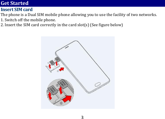 3 Get Started Insert SIM card The phone is a Dual SIM mobile phone allowing you to use the facility of two networks. 1. Switch off the mobile phone. 2. Insert the SIM card correctly in the card slot(s) (See figure below)    