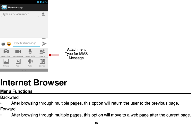   15   Internet Browser Menu Functions                                                                                                                                                                     Backward •  After browsing through multiple pages, this option will return the user to the previous page. Forward •  After browsing through multiple pages, this option will move to a web page after the current page. Attachment Type for MMS Message 