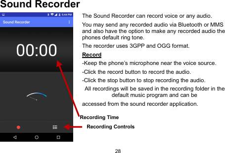 28Sound RecorderThe Sound Recorder can record voice or any audio.You may send any recorded audio via Bluetooth or MMSand also have the option to make any recorded audio thephones default ring tone.The recorder uses 3GPP and OGG format.Record-Keep the phone’s microphone near the voice source.-Click the record button to record the audio.-Click the stop button to stop recording the audio.All recordings will be saved in the recording folder in thedefault music program and can beaccessed from the sound recorder application.Recording ControlsRecording Time