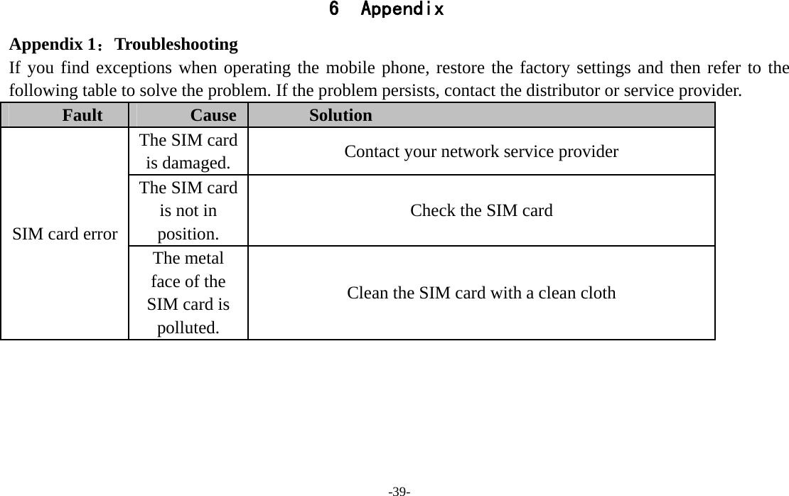  -39- 6 Appendix Appendix 1：Troubleshooting If you find exceptions when operating the mobile phone, restore the factory settings and then refer to the following table to solve the problem. If the problem persists, contact the distributor or service provider. Fault  Cause  Solution SIM card error The SIM card is damaged.  Contact your network service provider The SIM card is not in position. Check the SIM card The metal face of the SIM card is polluted. Clean the SIM card with a clean cloth 