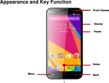 7 Appearance and Key Function  Volume Power Back Home Menu Front Camera 