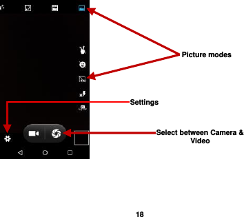   18    Select between Camera &amp; Video Settings Picture modes 