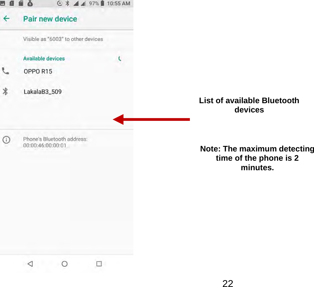   22 List of available Bluetooth devices Note: The maximum detecting time of the phone is 2 minutes. 