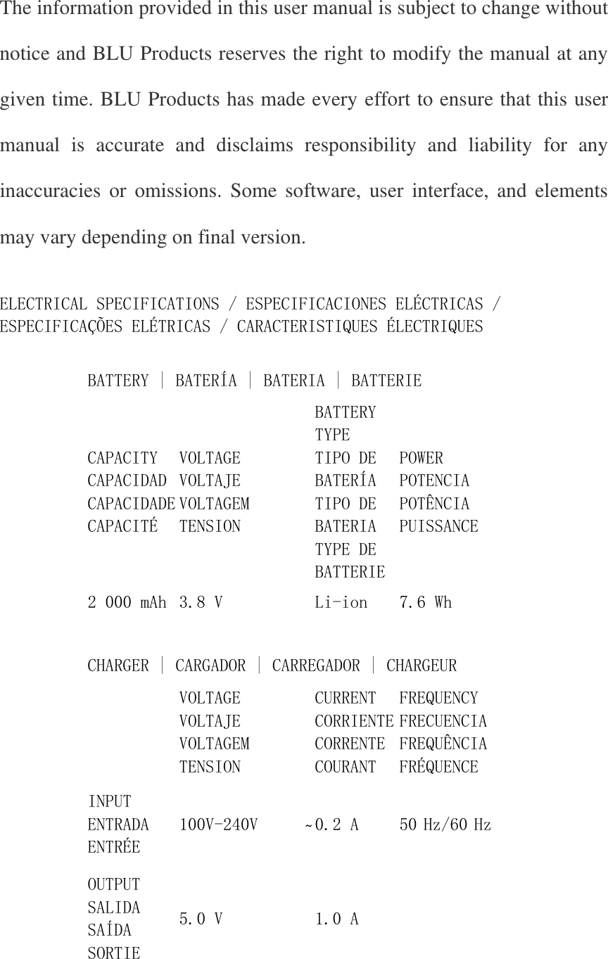 The information provided in this user manual is subject to change without notice and BLU Products reserves the right to modify the manual at any given time. BLU Products has made every effort to ensure that this user manual  is  accurate  and  disclaims  responsibility  and  liability  for  any inaccuracies  or  omissions.  Some  software,  user  interface,  and  elements may vary depending on final version.   ELECTRICAL SPECIFICATIONS / ESPECIFICACIONES ELÉCTRICAS / ESPECIFICAÇÕES ELÉTRICAS / CARACTERISTIQUES ÉLECTRIQUES                                              BATTERY | BATERÍA | BATERIA | BATTERIE                   CAPACITY CAPACIDAD CAPACIDADE CAPACITÉ VOLTAGE VOLTAJE VOLTAGEM TENSION BATTERY TYPE TIPO DE BATERÍA TIPO DE BATERIA TYPE DE BATTERIE POWER POTENCIA POTÊNCIA PUISSANCE                   2 000 mAh 3.8 V  Li-ion 7.6 Wh                                                 CHARGER | CARGADOR | CARREGADOR | CHARGEUR                      VOLTAGE VOLTAJE VOLTAGEM TENSION CURRENT CORRIENTE CORRENTE COURANT FREQUENCY FRECUENCIA FREQUÊNCIA FRÉQUENCE                   INPUT ENTRADA ENTRÉE 100V-240V      ̴ 0.2 A 50 Hz/60 Hz                   OUTPUT SALIDA SAÍDA SORTIE 5.0 V    1.0 A                                     