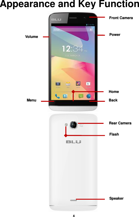    4  Appearance and Key Function   Volume Power Back Home Menu Rear Camera Flash Speaker Front Camera 