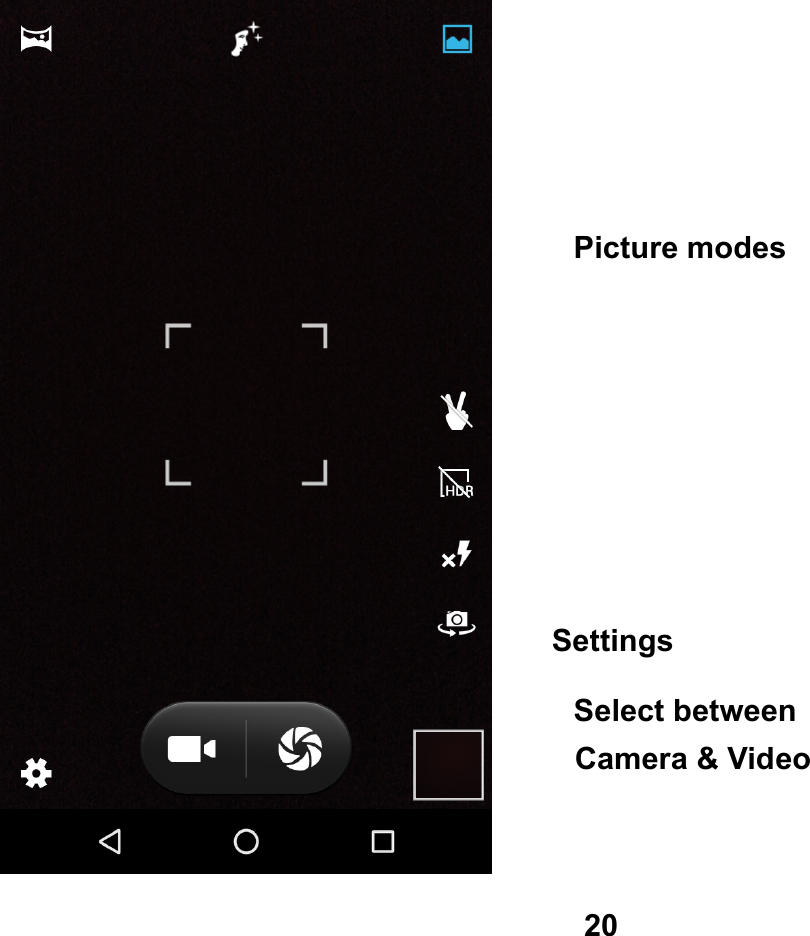   20   Select between Camera &amp; VideoSettings Picture modes 