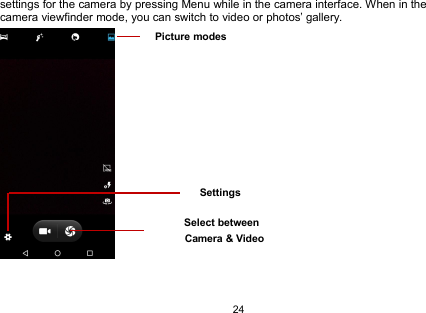 24settings for the camera by pressing Menu while in the camera interface. When in thecamera viewfinder mode, you can switch to video or photos’ gallery.Select betweenCamera &amp; VideoSettingsPicture modes