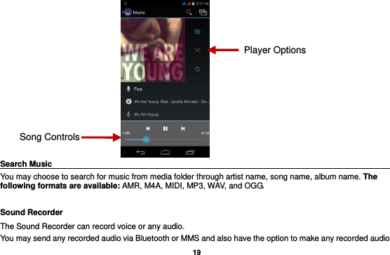   19  Search Music                                                                                                     You may choose to search for music from media folder through artist name, song name, album name. The following formats are available: AMR, M4A, MIDI, MP3, WAV, and OGG. Sound Recorder The Sound Recorder can record voice or any audio.   You may send any recorded audio via Bluetooth or MMS and also have the option to make any recorded audio Song Controls      Player Options 