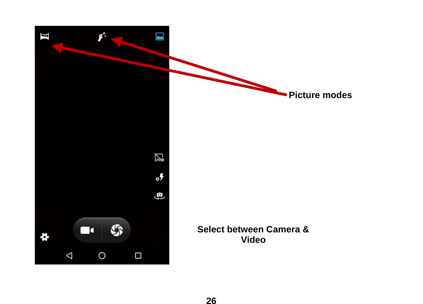  26   Select between Camera &amp; Video Picture modes 