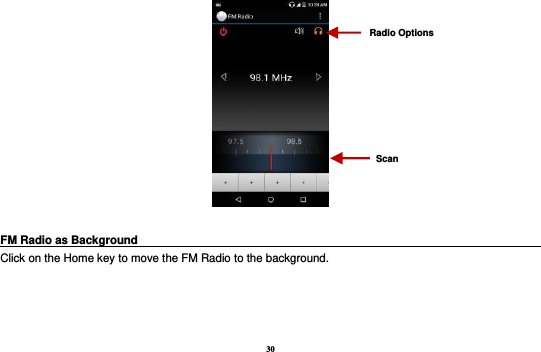 30   FM Radio as Background                                                                            Click on the Home key to move the FM Radio to the background.  Radio Options Scan 