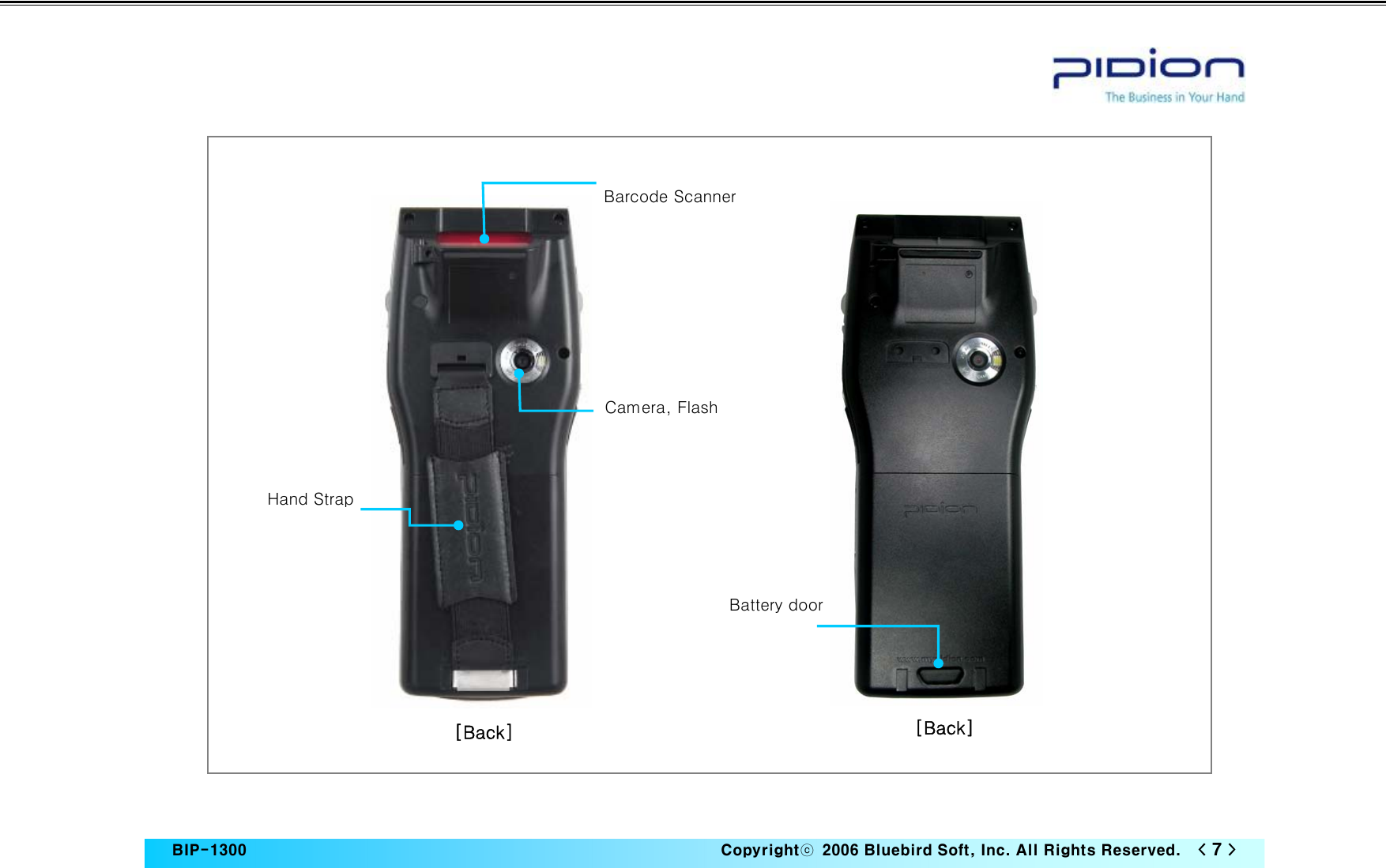   BIP-1300                                                                   Copyrightⓒ  2006 Bluebird Soft, Inc. All Rights Reserved.    &lt; 7 &gt;                           [Back]Barcode Scanner Camera, Flash     Hand Strap Battery door[Back]