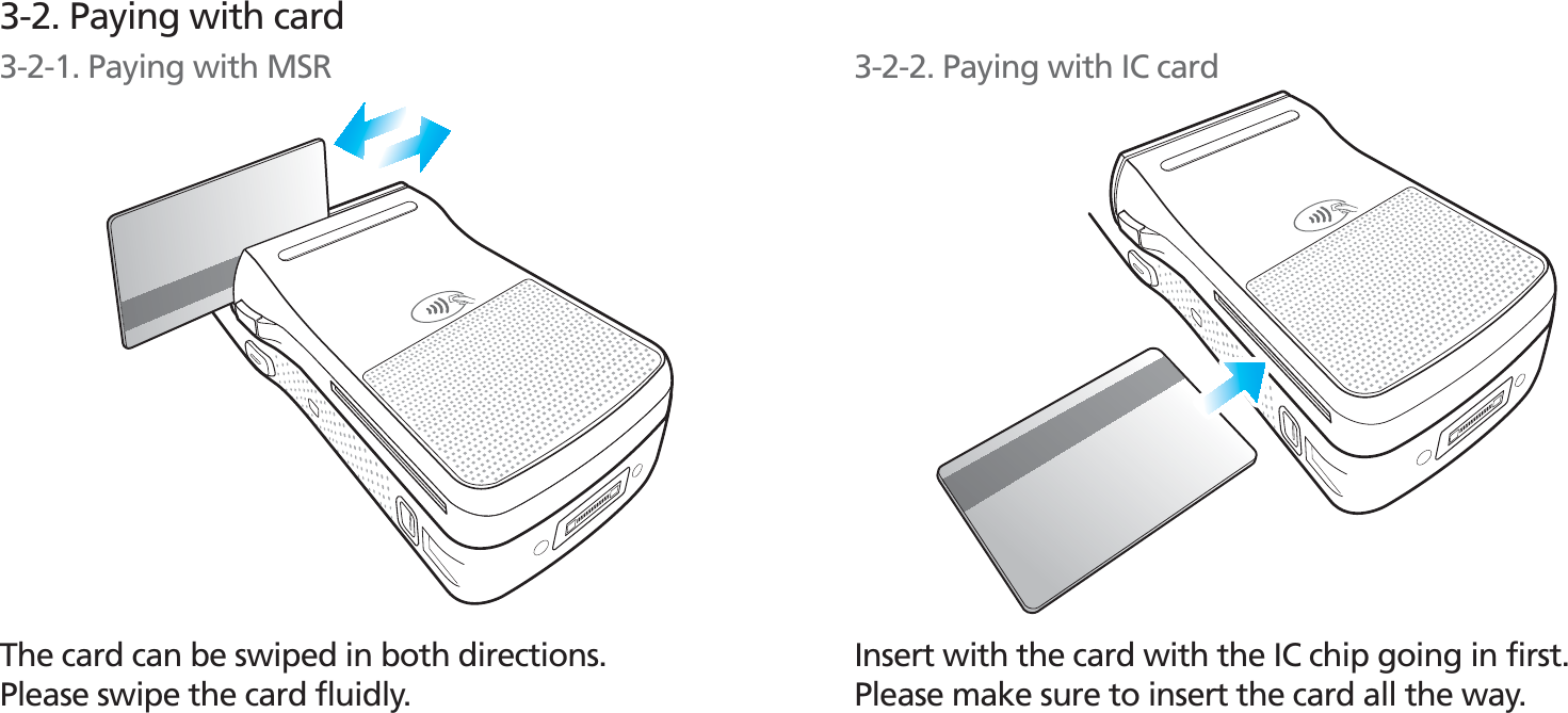 BIP-150069The card can be swiped in both directions.Please swipe the card fluidly.Insert with the card with the IC chip going in first.Please make sure to insert the card all the way.3-2. Paying with card3-2-1. Paying with MSR 3-2-2. Paying with IC card