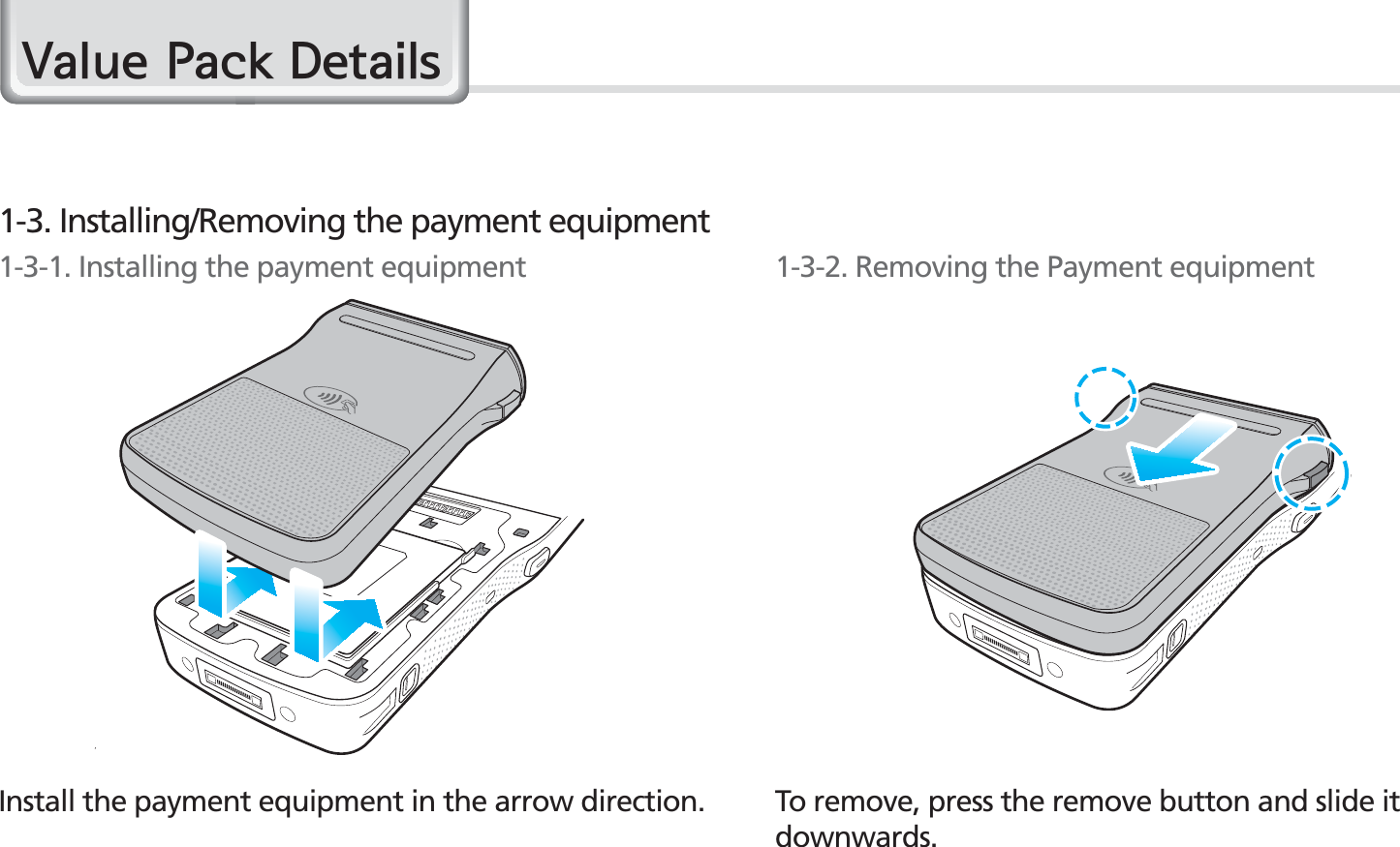 70BIP-1500 ManualInstall the payment equipment in the arrow direction.1-3. Installing/Removing the payment equipment1-3-1. Installing the payment equipment9DOXH3DFN&apos;HWDLOVTo remove, press the remove button and slide it downwards.1-3-2. Removing the Payment equipment