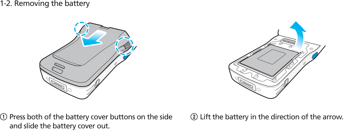 BIP-1530131-2. Removing the battery1Press both of the battery cover buttons on the side and slide the battery cover out.2Lift the battery in the direction of the arrow.