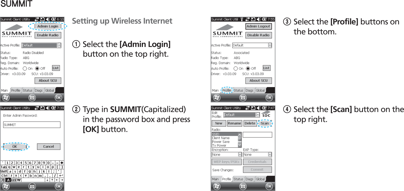 BIP-15305546..*5Setting up Wireless Internet1Select the [Admin Login] button on the top right. 2Type in SUMMIT(Capitalized) in the password box and press [OK] button.3Select the [Profile] buttons on the bottom.4Select the [Scan] button on the top right.