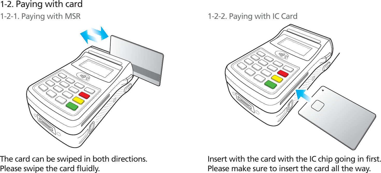 BIP-1530591-2. Paying with cardThe card can be swiped in both directions.Please swipe the card fluidly.Insert with the card with the IC chip going in first.Please make sure to insert the card all the way.1-2-1. Paying with MSR 1-2-2. Paying with IC Card