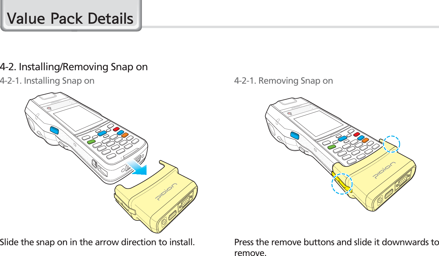 70BIP-1530 Manual9DOXH3DFN&apos;HWDLOVSlide the snap on in the arrow direction to install. Press the remove buttons and slide it downwards to remove.4-2. Installing/Removing Snap on4-2-1. Installing Snap on 4-2-1. Removing Snap on