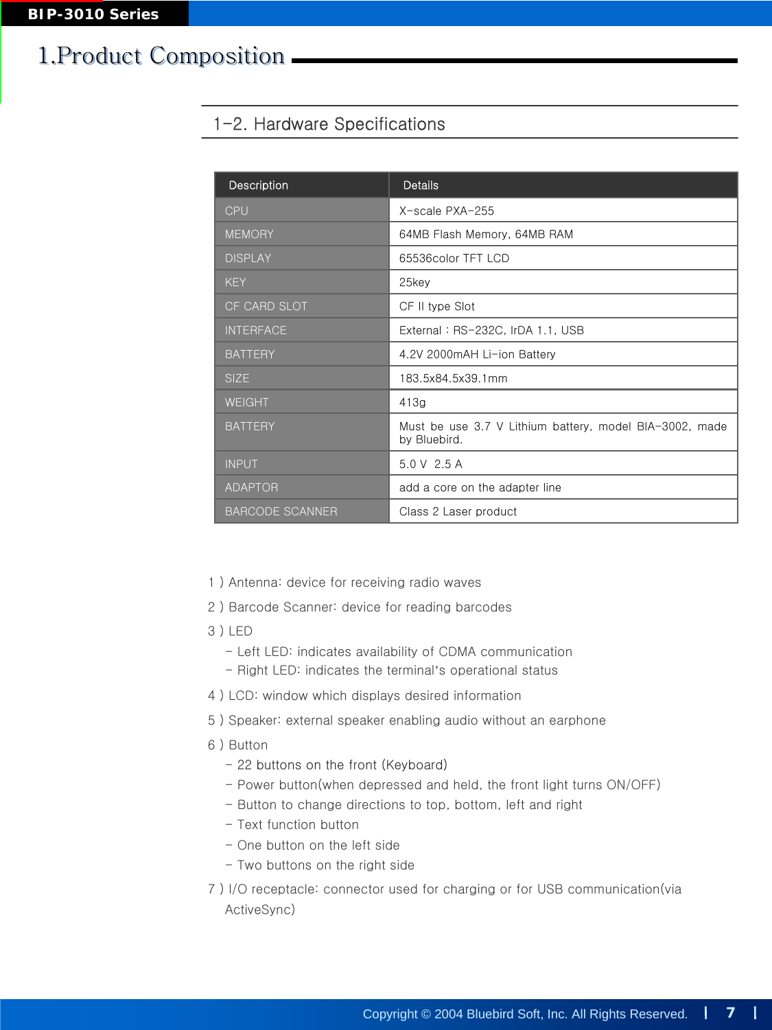 7Copyright © 2004 Bluebird Soft, Inc. All Rights Reserved.BIP-3010 Series1-2. Hardware Specifications1 ) Antenna: device for receiving radio waves2 ) Barcode Scanner: device for reading barcodes 3 ) LED- Left LED: indicates availability of CDMA communication - Right LED: indicates the terminal’s operational status 4 ) LCD: window which displays desired information5 ) Speaker: external speaker enabling audio without an earphone6 ) Button-22 buttons on the front (Keyboard)- Power button(when depressed and held, the front light turns ON/OFF)- Button to change directions to top, bottom, left and right - Text function button- One button on the left side - Two buttons on the right side 7 ) I/O receptacle: connector used for charging or for USB communication(via  ActiveSync)Description DetailsCPU X-scale PXA-255MEMORY 64MB Flash Memory, 64MB RAMDISPLAY 65536color TFT LCDKEY 25keyCF CARD SLOT CF II type SlotINTERFACE External : RS-232C, IrDA 1.1, USBBATTERY 4.2V 2000mAH Li-ion BatterySIZE 183.5x84.5x39.1mmWEIGHT 413gBATTERY Must  be  use  3.7  V  Lithium  battery,  model  BIA-3002,  made by Bluebird.INPUT 5.0 V  2.5 AADAPTOR add a core on the adapter lineBARCODE SCANNER Class 2 Laser product1.Product Composition1.Product Composition1.Product Composition