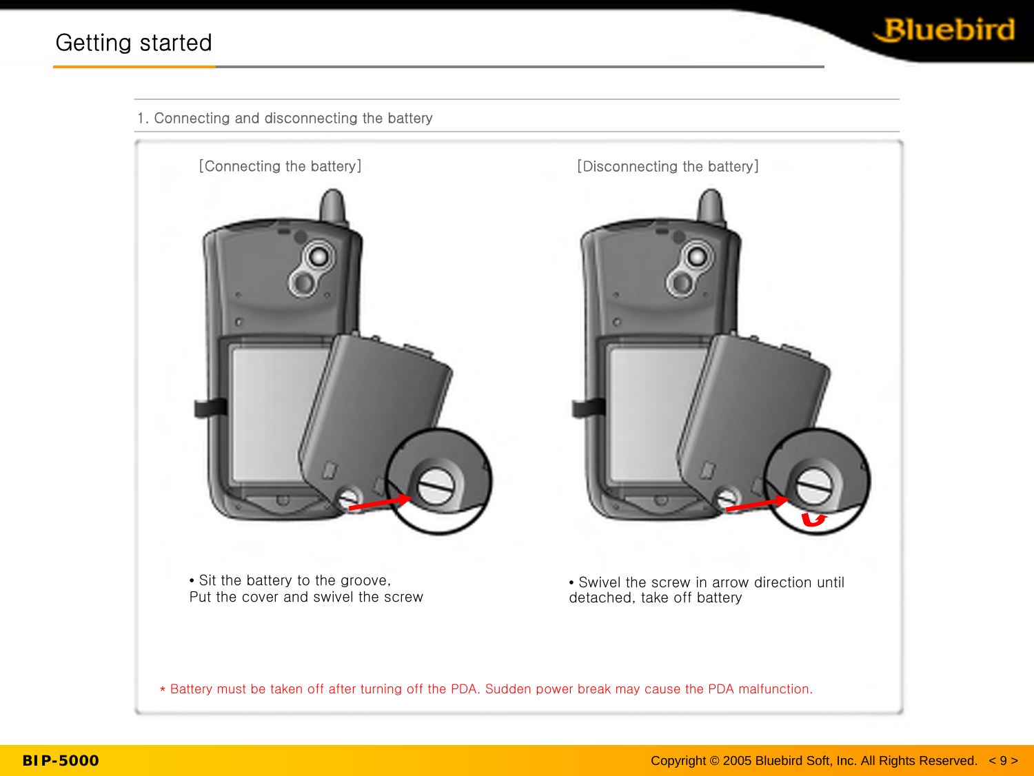 Copyright © 2005 Bluebird Soft, Inc. All Rights Reserved.   &lt; 9 &gt;BIP-5000Getting startedGetting started1. Connecting and disconnecting the battery[Connecting the battery]•Sit the battery to the groove, Put the cover and swivel the screw •Swivel the screw in arrow direction until detached, take off battery* Battery must be taken off after turning off the PDA. Sudden power break may cause the PDA malfunction.[Disconnecting the battery]