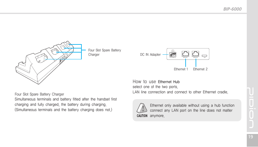 BIP-600019Four Slot Spare Battery ChargerSimultaneousterminalsandbatteryfittedafterthehandsetfirstchargingandfullycharged,thebatteryduringcharging.(Simultaneousterminalsandthebatterychargingdoesnot.)DC POWER 5V              Ethernet 1               Ethernet 2             USBDC POWER 5V Ethernet 1 Ethernet 2 USBFour Slot Spare Battery  ChargerHow to use Ethernet Hub selectoneofthetwoports.LANlineconnectionandconnecttootherEthernetcradle.DC POWER 5V              Ethernet 1               Ethernet 2             USBDC POWER 5V Ethernet 1 Ethernet 2 USBDC IN Adapter Ethernet 1 Ethernet 2EthernetonlyavailablewithoutusingahubfunctionconnectanyLANportonthelinedoesnotmatteranymore.