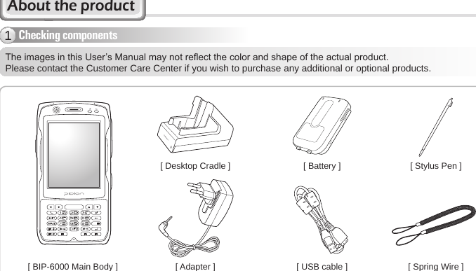 4BIP-6000 ManualAbout the productThe images in this User’s Manual may not reect the color and shape of the actual product.Please contact the Customer Care Center if you wish to purchase any additional or optional products.[ USB cable ][ BIP-6000 Main Body ]Checking components1[ Stylus Pen ][ Desktop Cradle ] [ Battery ][ Adapter ] [ Spring Wire ]