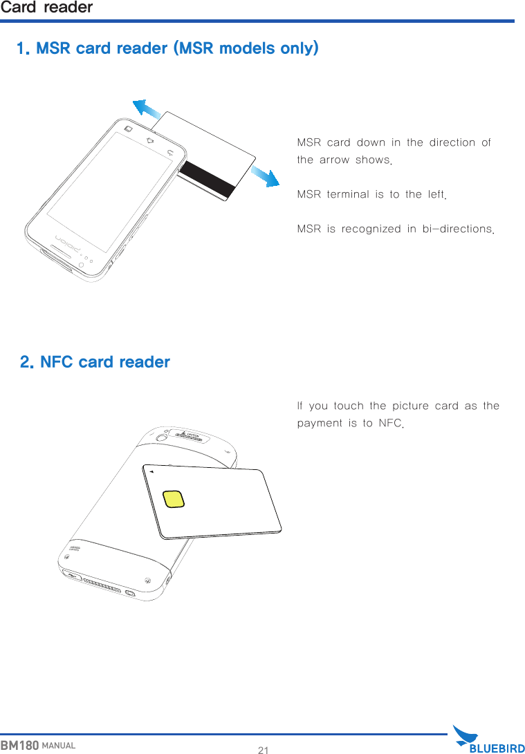 21BM180 MANUAL1. MSR card reader (MSR models only)MSR card down in the direction ofthe arrow shows.MSR terminal is to the left.MSR is recognized in bi-directions.2. NFC card readerIf you touch the picture card as the payment is to NFC.Card reader